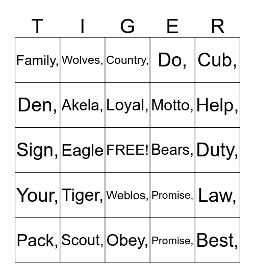 Cub Scout Bingo Card