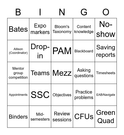 Peer Tutor Lingo Bingo Card