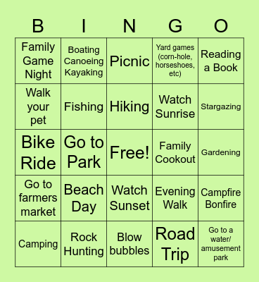 Summer Activities Bingo Card