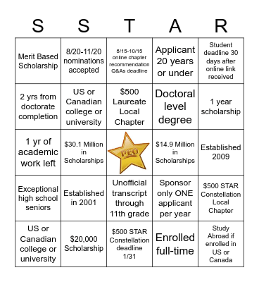 PEO Scholar Award & STAR Bingo Card