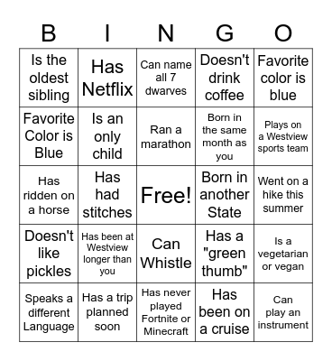 Get to Know You BINGO Card