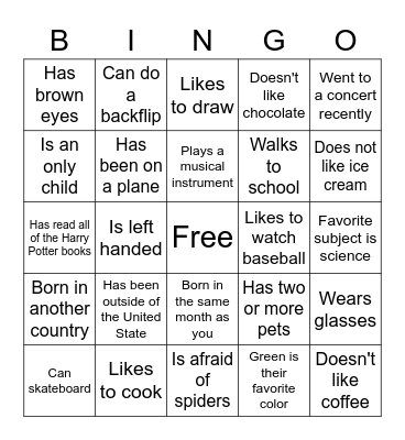 Get To Know Your Classmates Bingo Card