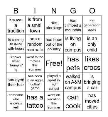Aggie Bingo Card
