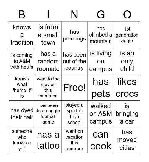 Aggie Bingo Card