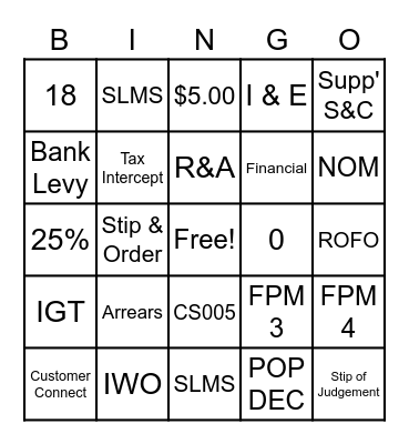Child Support Bingo Card