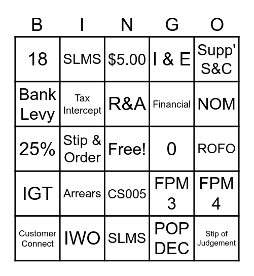 Child Support Bingo Card