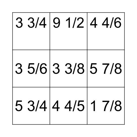 Mixed Number Bingo Card