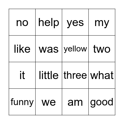 Sight Words Bingo Card