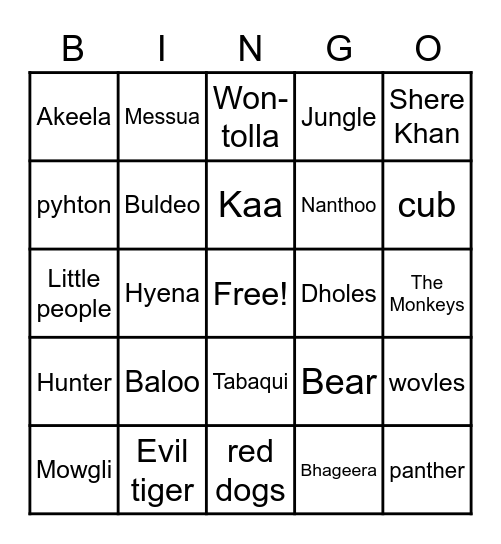 The Jungle Book Bingo Card