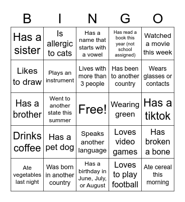 Getting to Know You Bingo Card