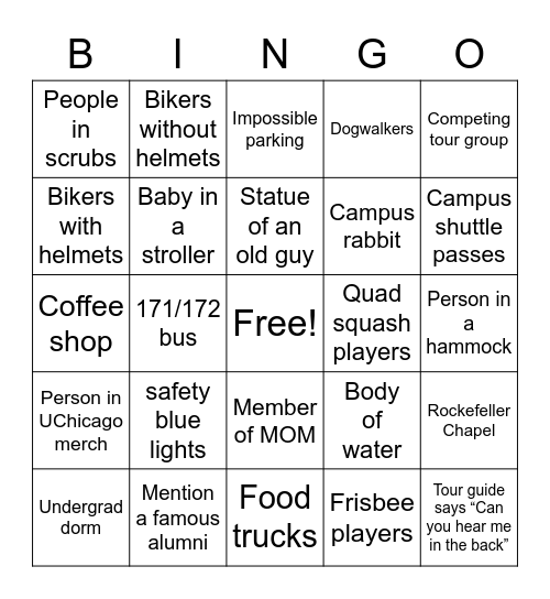 UChicago Tour Bingo Card