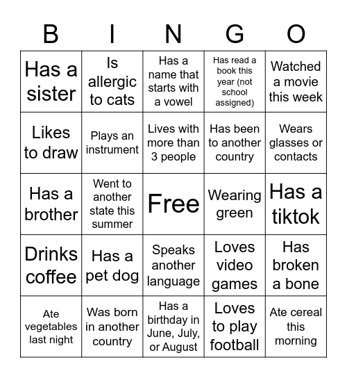 Getting to Know You Bingo Card