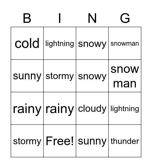 Weather Bingo Card