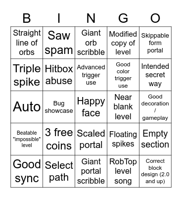 geometry dash recent level bingo Card