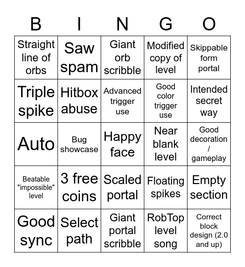 geometry dash recent level bingo Card
