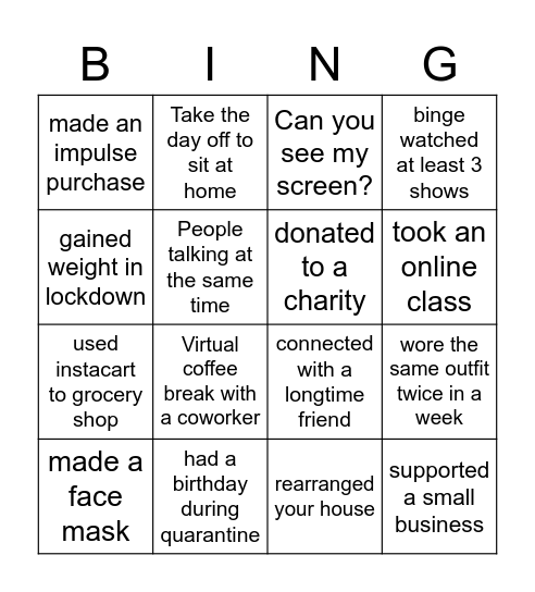 Work From Home Bingo Card