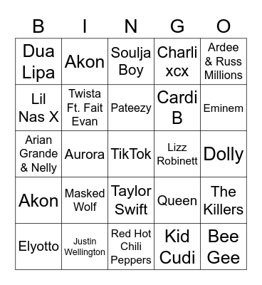 Guess that TikTok Artist Bingo Card