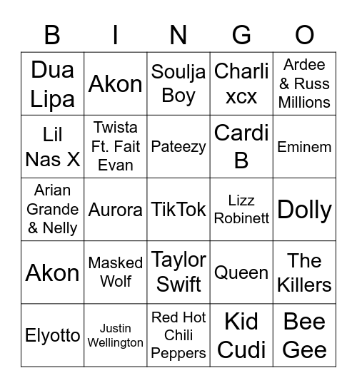 Guess that TikTok Artist Bingo Card