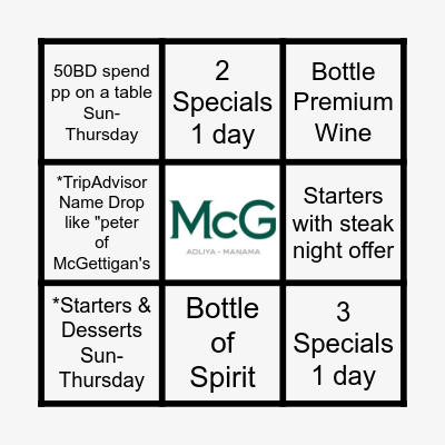 McGettigans Adliya Bingo Card