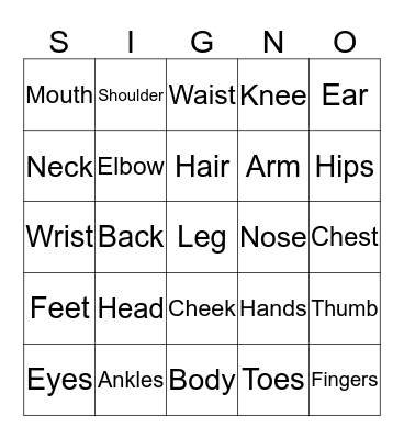 Body Parts 1 Bingo Card