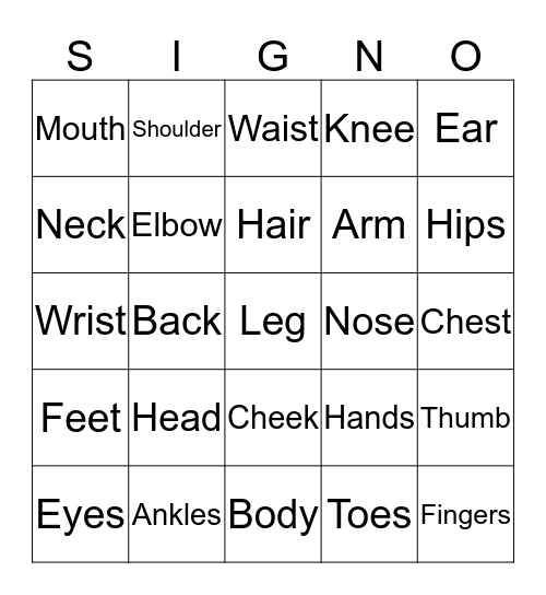 Body Parts 1 Bingo Card