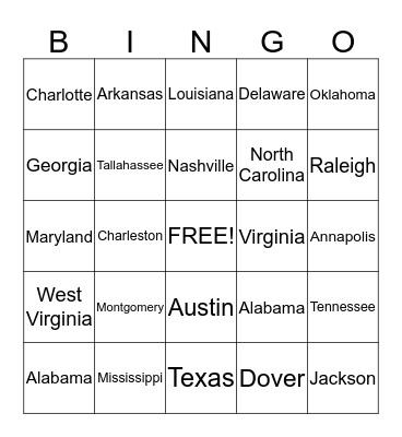 South Region - States and Captials Bingo Card