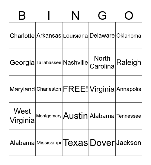 South Region - States and Captials Bingo Card