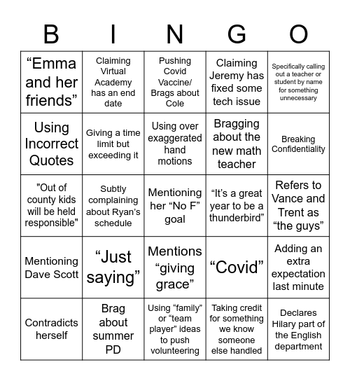 Teacher Meeting Bingo Card