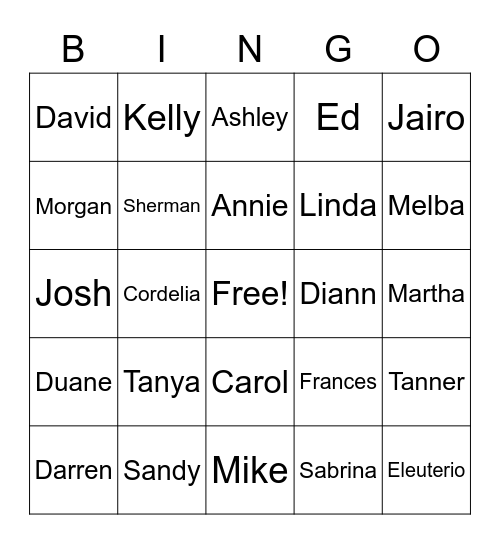Names Bingo Card