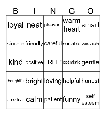 Self Esteem Bingo Card