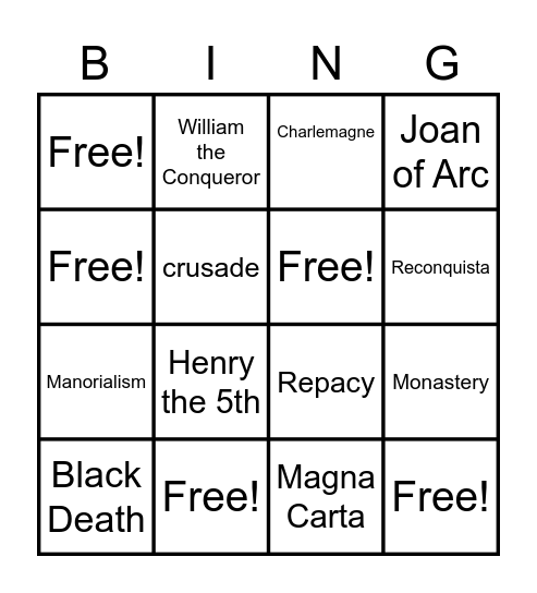 M #5 Middle Ages Bingo Card