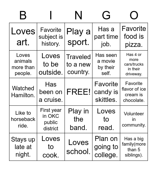 First Day Bingo Card