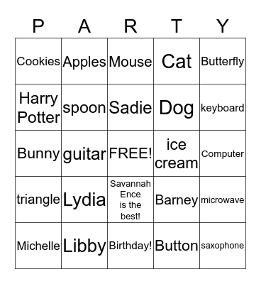 Lydia's Birthday Party Bingo Card