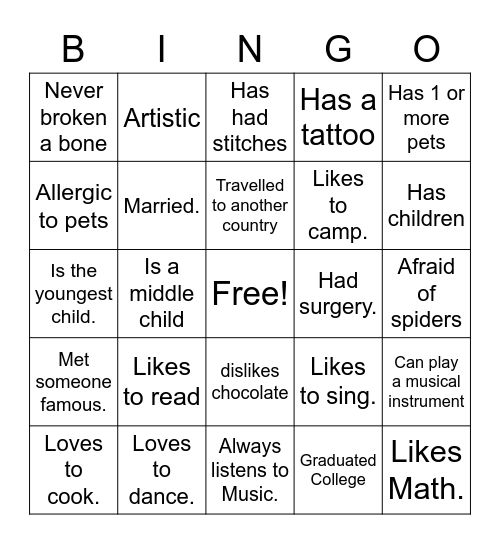 Get to Know You Bingo Card