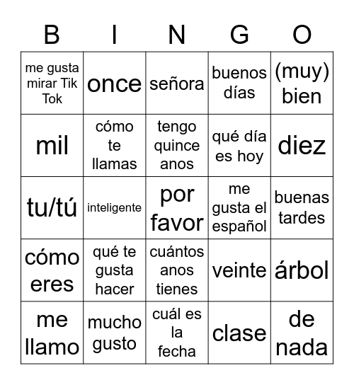 Duff week 1 Spanish Bingo Card