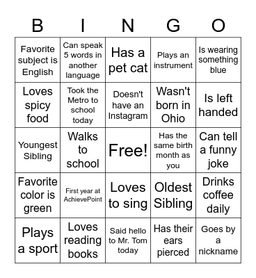 First Day of School BINGO Card