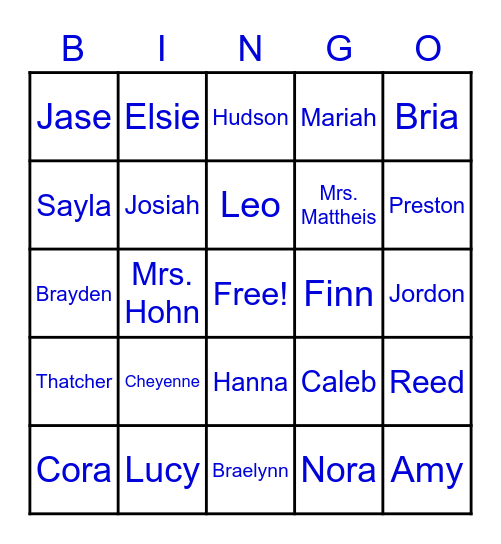 Kindergarten Name Bingo Card
