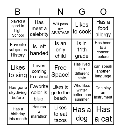 GET TO KNOW ME Bingo Card