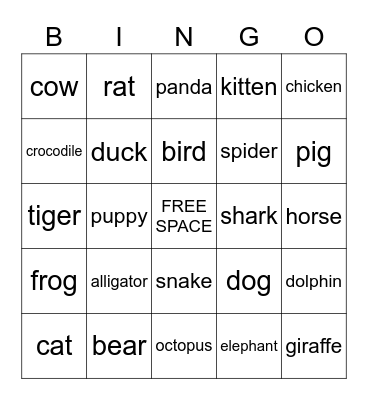 Animals Bingo Card