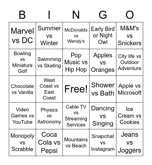 Mix and Match Bingo Card