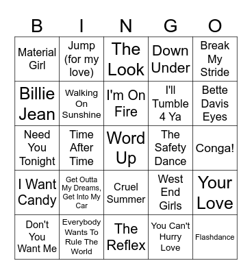 MY 80's MIXTAPE Bingo Card