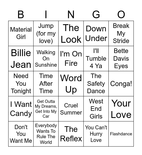 My 80's Mix Tape Bingo Card