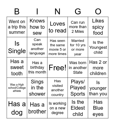 Get to Know you Bingo Card