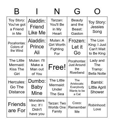 Disney Music Bingo Card