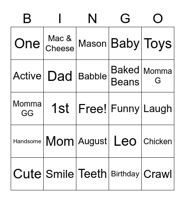 Mason's Birthday Bingo Card