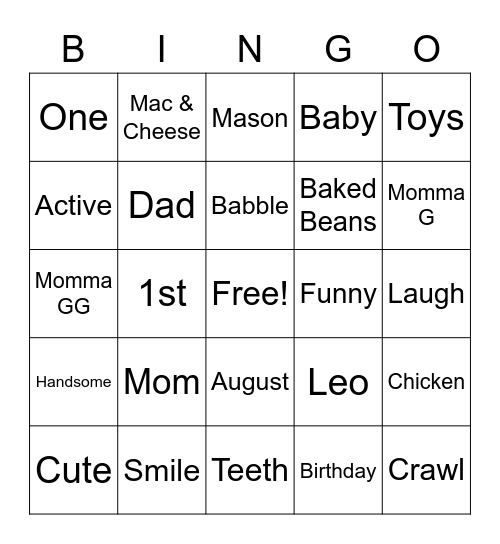 Mason's Birthday Bingo Card