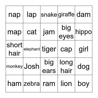 Josh's English Bingo Game Bingo Card