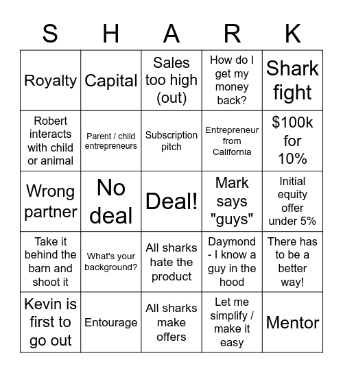 B&J Shark Tank Bingo Card