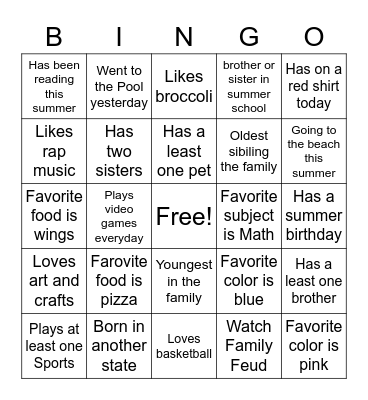 All About Me Bingo Card