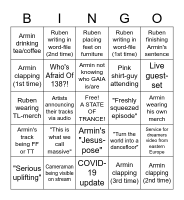 A STATE OF TRANCE Bingo Card